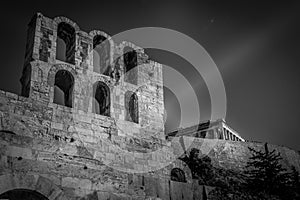 Black and white effect of Odeo of Herod Atticus in the Athens Acropolis