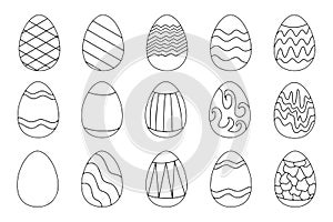 Black and white egg icons with ornaments for Easter holidays decoration. Vector illustration isolated on a white