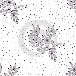 Black and white elegant leaves and flowers and berries seamless pattern, vector