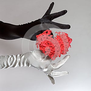 Black and white elegant women's gloves holding heart shaped flowers on white background