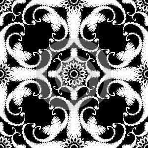 Black and white embroidery Paisley seamless pattern. Tapestry floral ornamental background. Ornate ethnic style hand drawn grunge