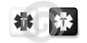 Black and white Emergency star - medical symbol Caduceus snake with stick icon isolated on white background. Star of