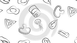 Black and white endless seamless pattern of food and snack items icons set for restaurant bar cafe: egg, mushroom, fish, canned
