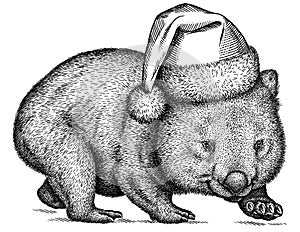 Black and white engrave isolated wombat illustration