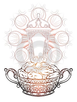 Black white engraving illustration of dates in a luxurious vase, lantern and mandala. Festive treat for Ramadan kareem. Vector