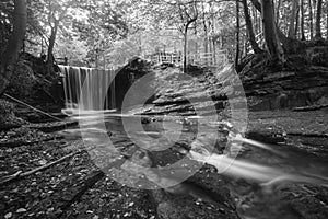 Black and white Epic beautiful Autumn landscape image of Nant Mill waterfall in Wales with glowing sunlight through the woodland