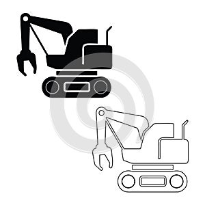 Black and White Excavator Construction Equipment Vector Illustrations Isolated on White Background