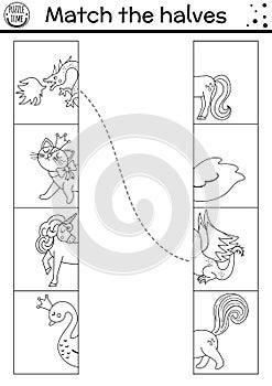 Black and white fairytale connect the halves worksheet.  Matching game for preschool children with fantasy creatures. Match heads