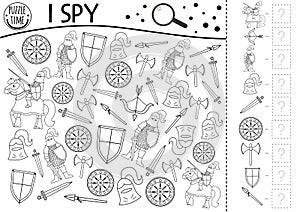 Black and white fairytale fantasy I spy game for kids with knight armor. Searching and counting activity with helmet, horse, sward