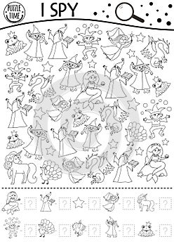 Black and white fairytale I spy game for kids with fantasy creatures. Searching and counting activity with witch, dragon, frog