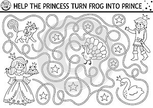 Black and white fairytale maze for kids with fantasy characters. Magic kingdom line preschool printable activity. Fairy tale