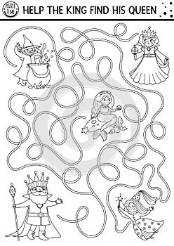 Black and white fairytale maze for kids with fantasy characters. Magic kingdom line preschool printable activity with witch, fairy