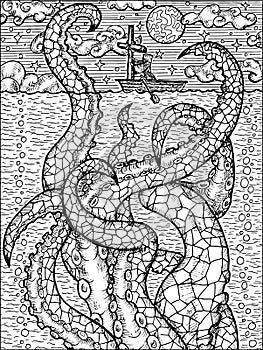 Black and white fantasy illustration of sea monster Leviathan and monk with cross on the boat