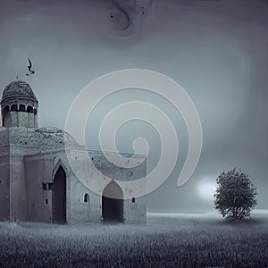 Black and white fantasy landscape with mosque and a tree in the meadow with fog