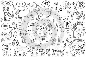 Black and white farm animals saying sounds like moo, oink, baa, cluck and others