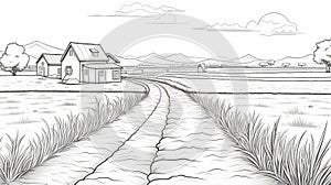 Black And White Farm Landscape With Country House: Oasis Path Coloring Page