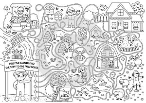 Black and white farm maze for kids with rural village landscape, animals, barn, cottage. Country side line preschool printable photo