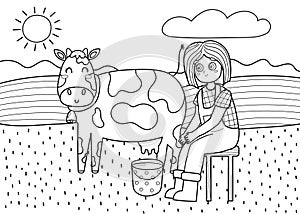 Black and white on the farm poster with cute girl milking a cow. Coloring page