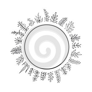 Black and white farmhouse style hand drawn outlined branches and twigs circle round frame