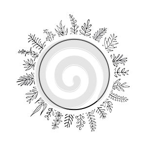 Black and white farmhouse style hand drawn outlined branches and twigs circle round frame photo