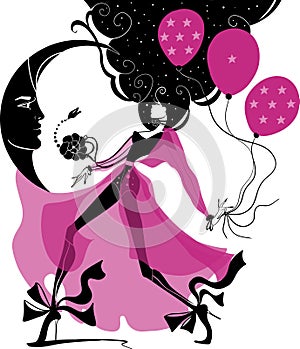 Black and white fashion illustration of a beautiful girl in a pink dress with balloons