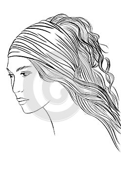 Black and white fashion line illustration of asian girl wearing bandana