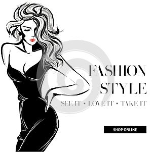 Black and white fashion sale banner with woman fashion silhouette, online shopping social media ads web template with beautiful gi