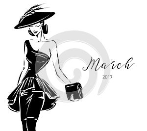 Black and white fashion woman model with boutique logo background