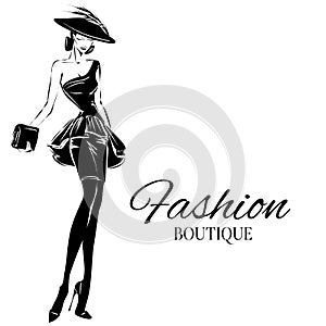 Black and white fashion woman model with boutique logo background. Hand drawn