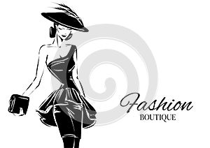 Black and white fashion woman model with boutique logo background. Hand drawn