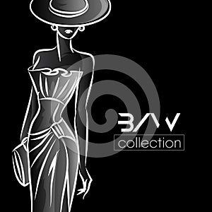 Black and White fashion woman silhouette, beautiful fashion model on black background logo illustration