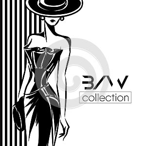 Black and White fashion woman silhouette, beautiful fashion model on black background logo illustration