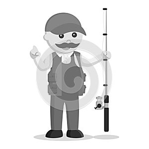 Black and white fat fisherman holding a fishing rod