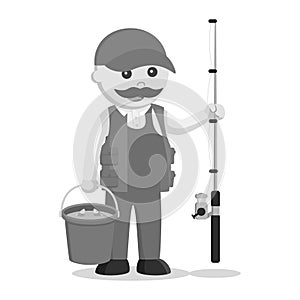 Black and white fat fisherman holding a fishing rod and bucket