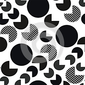 Black and white fat geometry vector seamless pattern. Big fish eating smaller fish. Circles and outcut shapes.