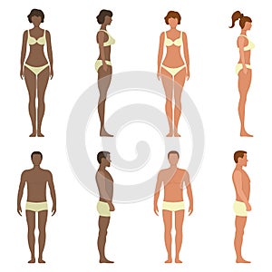 Black and white female male anatomy human character, people dummy front and view side body silhouette, isolated on white, flat