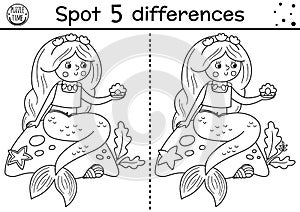 Black and white find differences game for children. Fairytale educational activity with cute mermaid and pearl. Magic kingdom