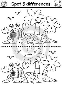 Black and white find differences game for children. Sea adventures line educational activity with cute palm trees, scull, crab in