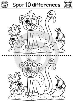 Black and white find differences game for children. Sea adventures line educational activity with cute pirate monkey, banana,