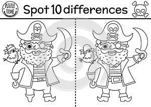 Black and white find differences game for children. Sea adventures line educational activity with cute pirate with parrot and