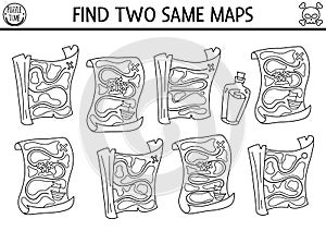 Black and white find two same maps. Treasure island line matching activity for children. Sea adventures educational quiz worksheet