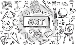 Black and white fine art equipment and stationary doodle icon