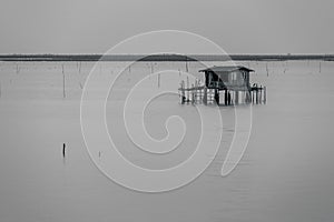 Black and white of fisherman house on ocean