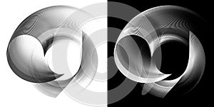 Black and white flat curved and spiral elements on white and black backgrounds. Set of monochrome graphic design elements. 3d