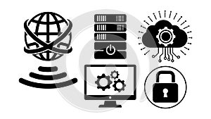 Black and white flat design icons of globe with network wifi cloud server computer settings security padlock
