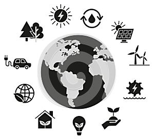 Black and white flat icons set related to renewable energy. Energy sources. Vector icons