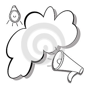 Black and white flat illustration of loudspeaker, icon of horn, megaphone with speech bubble for text. Pop art vector