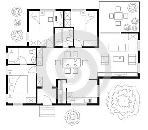 Black and White floor plan of a house.
