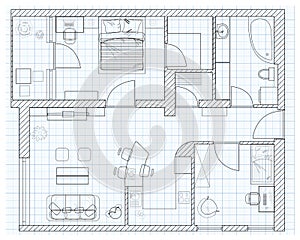 Black and White floor plan sketch of a house on millimeter paper.