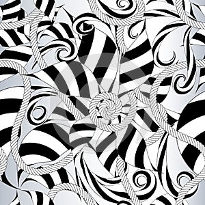 Black and white Floral Abstract seamless Pattern. Ornamental monochrome vector background. Intricate striped flowers, leaves,
